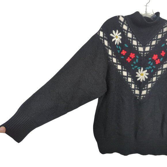 Vintage Honors Misses Sweater Women’s L Black White Floral Embroidered Argyle - Picture 3 of 12